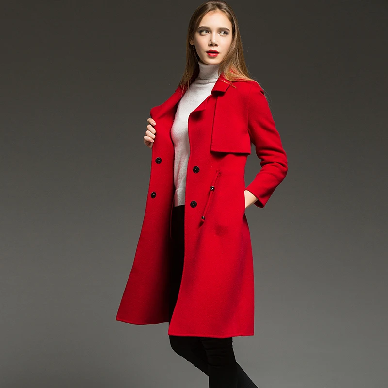 Double-faced 100% Wool Coat Female Cashmere Long Jakcet Woman Coat Overcoat Korean Red Coats Casaco Feminino KJ336