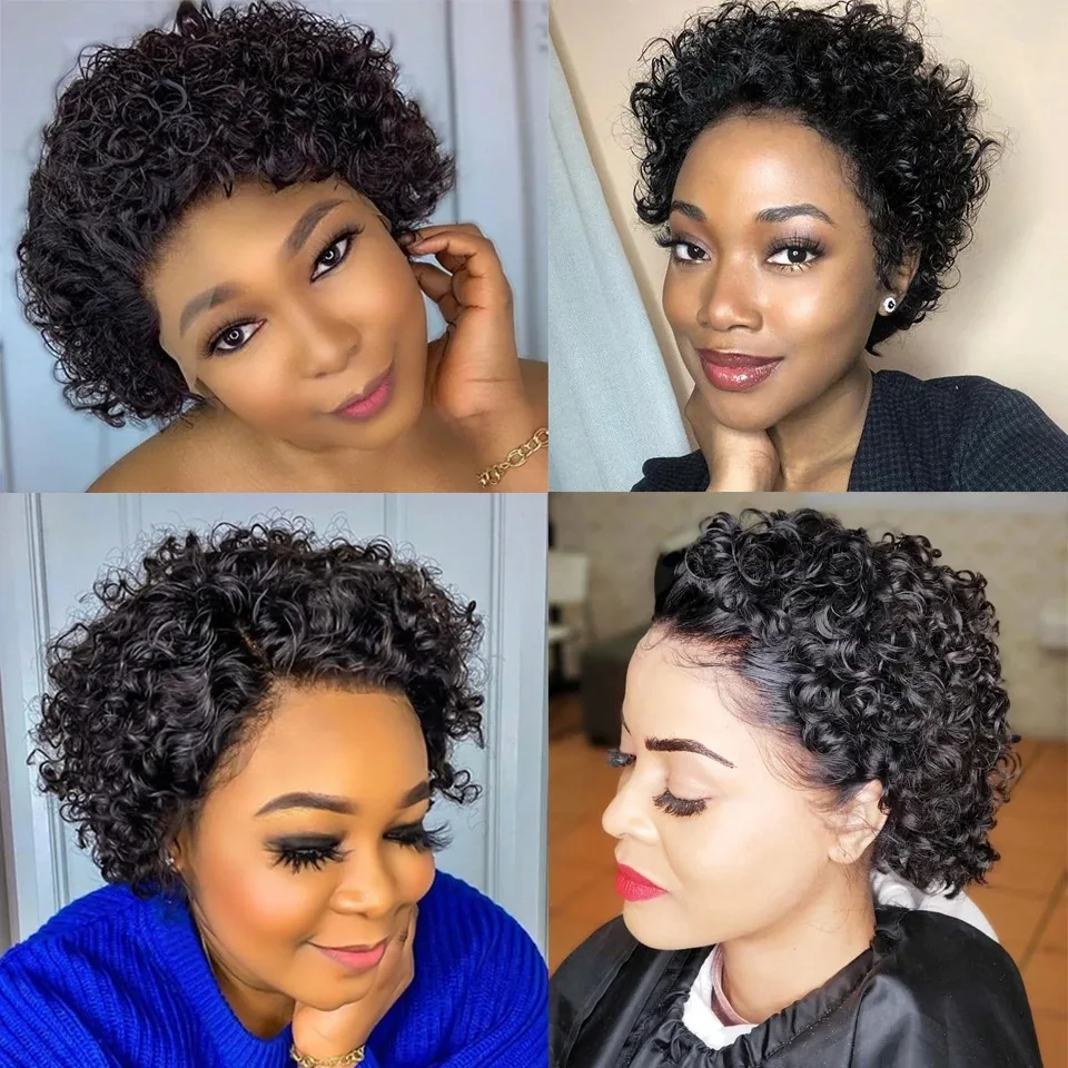 Miss Rola Pixie Curly Short Wigs Lace Part Curly Human Hair Wigs Remy T Middle Part Hair Wigs Pre Plucked 150% Density