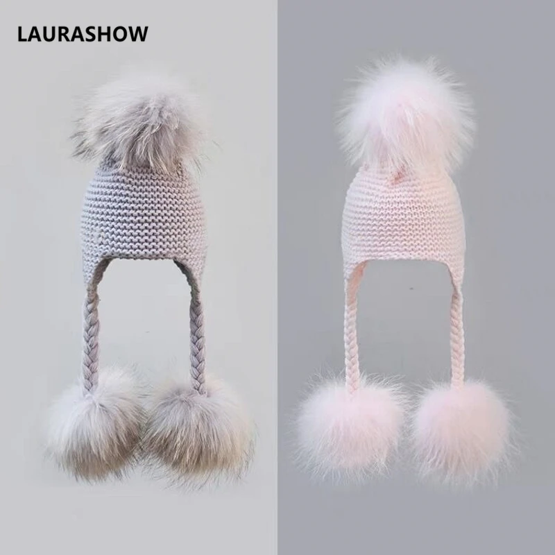 

LAURASHOW Winter Kids Real Mink Raccoon Fur Ball Pompoms Hat Children Knitted Girls Boys Warm Cap Baby Beanies Wool