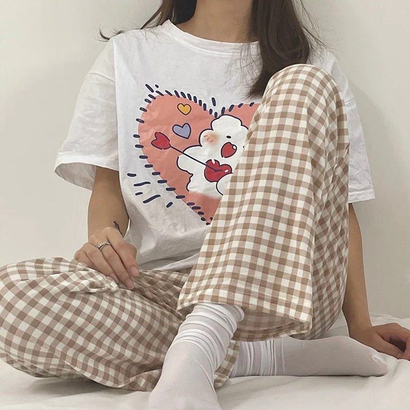 Sleep Bottoms Women Plaid Simple Loose Comfort Home Nightwear Trendy Students Ankle-length Females Lounge Korean Style Popular