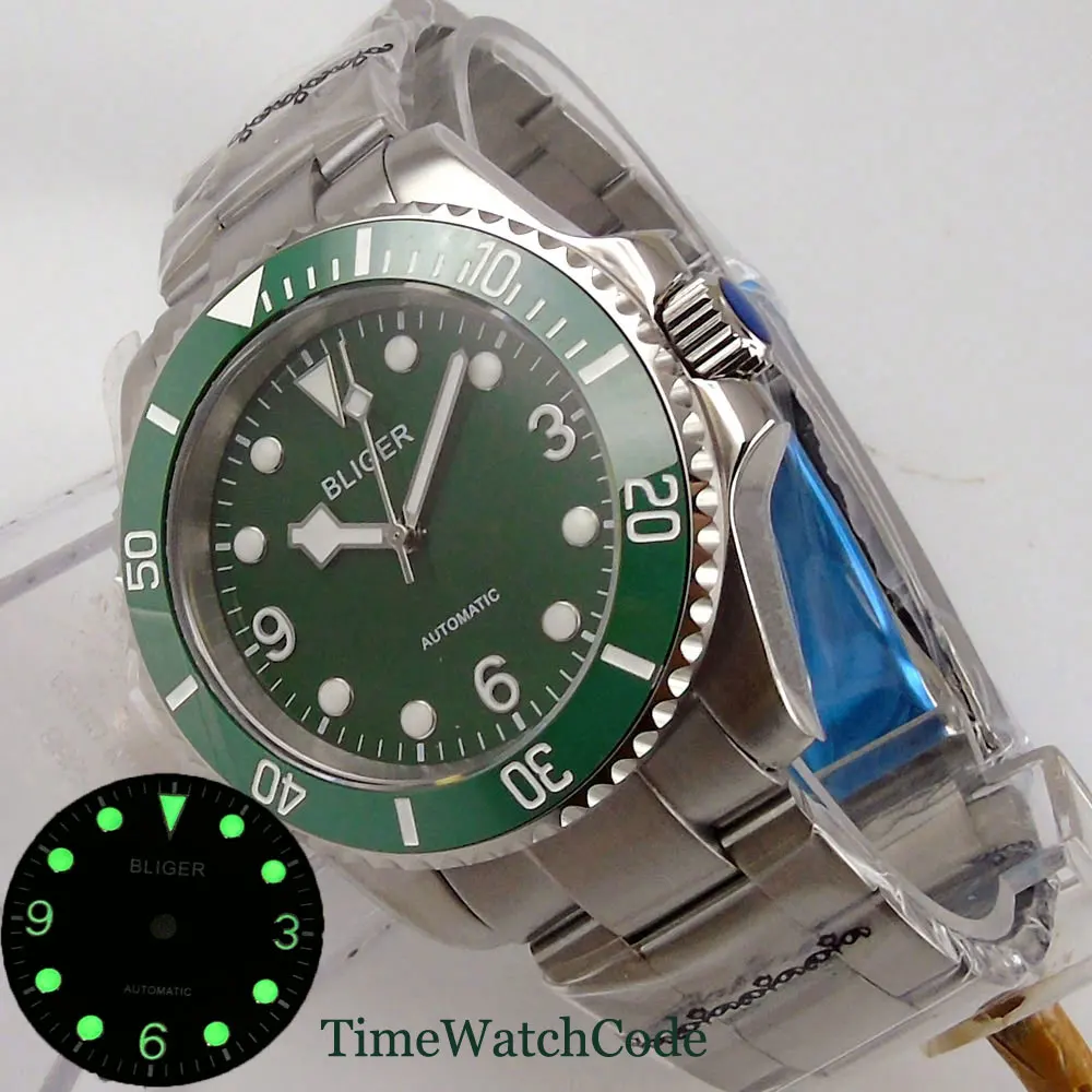 

Sapphire Automatic Men's Watch NH35/NH35A Gree Dial Luminous 316L Bracelet Ceramic Rotating Bezel Bliger 40mm