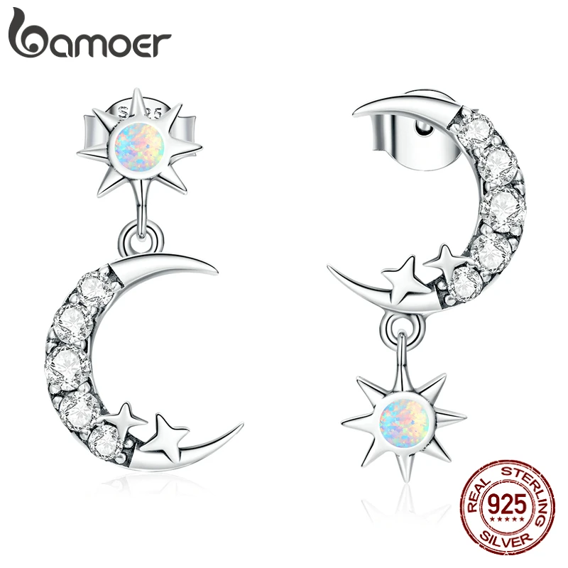 bamoer 925 Sterling Silver Shining Star and Moon Stud Earrings Crystal Golden Buckle Earrings for Women Engagement Ear Jewelry