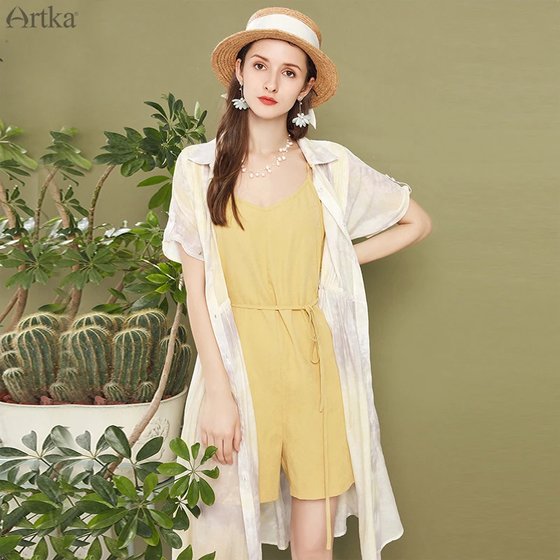 ARTKA 2020 Summer New Women Jumpsuit Fashion Casual High Waist Jumpsuit with Belt Sleeveless Short Playsuits Romper KA20200C