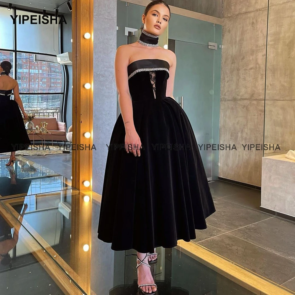 Yipeisha-Robe de cocktail noire sans bretelles, corset, velours, longueur thé, robe de soirée de Rh, petite robe noire perlée sur mesure