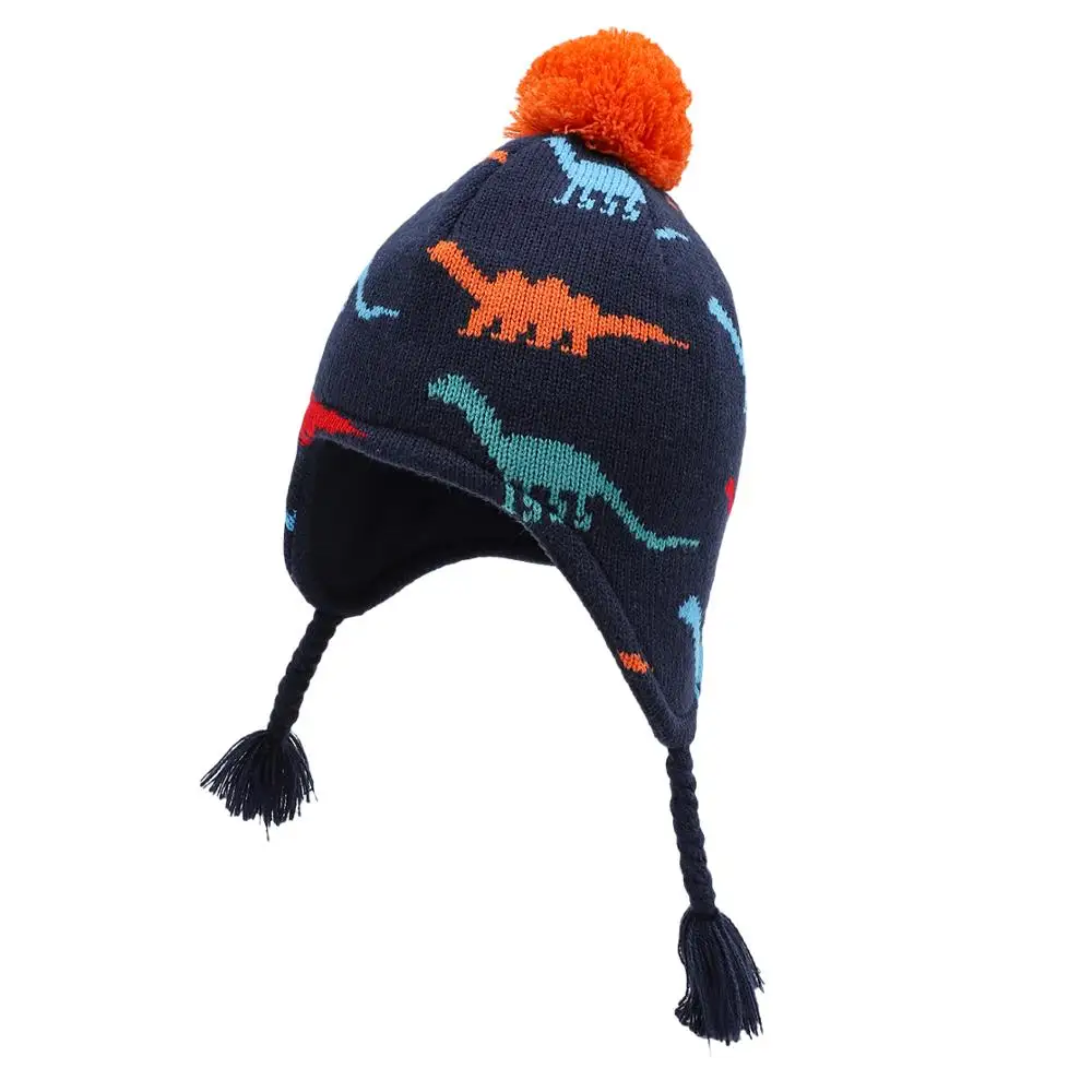 Connectyle Baby Infant Boys Winter Cartoon Dinosaur Kids Skull Cap Fleece Lined Knit Beanie Hat Earflap Warm Hats With Pom-Pom