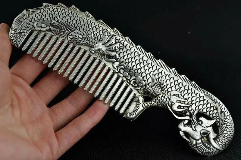 

Rare Chinese Handmade Tibet Silver & White Copper Carving Dragon Comb