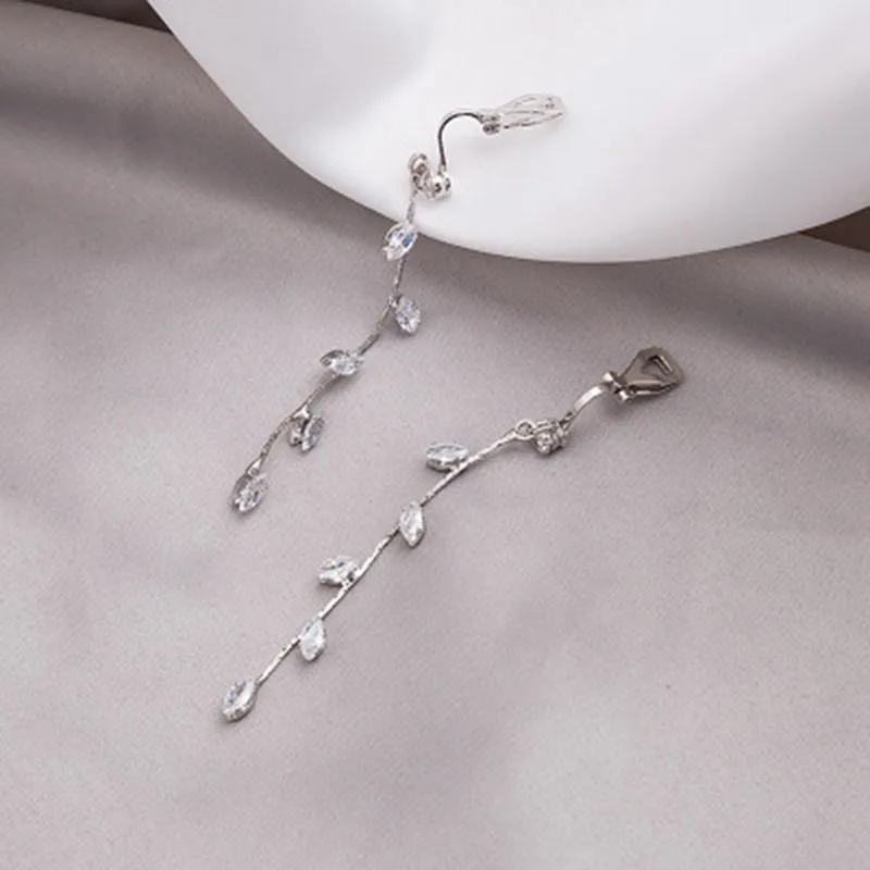 Hot New Silver Color Needle Willow Leaf Clip Earrings Fashion Jewelry Temperament Simple Long Tassel Earrings For Women Gift