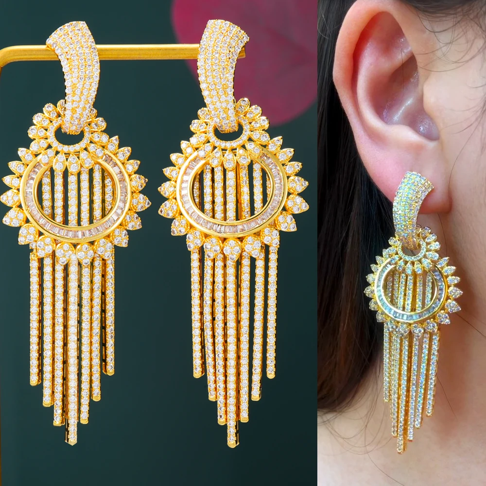 

Missvikki Dubai Luxury Long Tassel Pendant Earrings For Women Wedding Party CZ Bridal Earrings Fashion New Trendy Jewelry BOHO