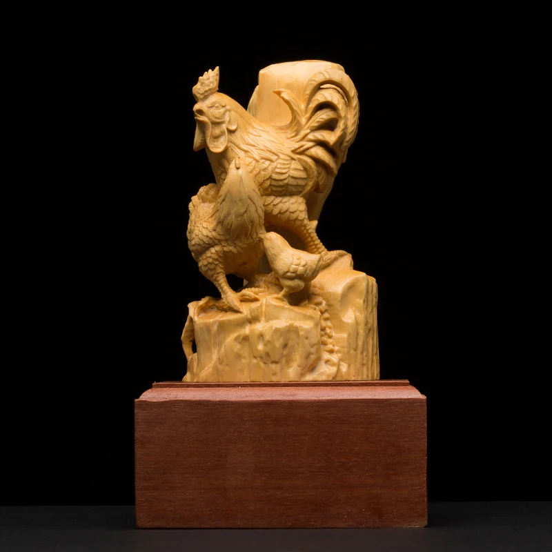 

Boxwood Statue of Golden Zodiac Chicken, Annunciation Wood Carving, Collection for Home