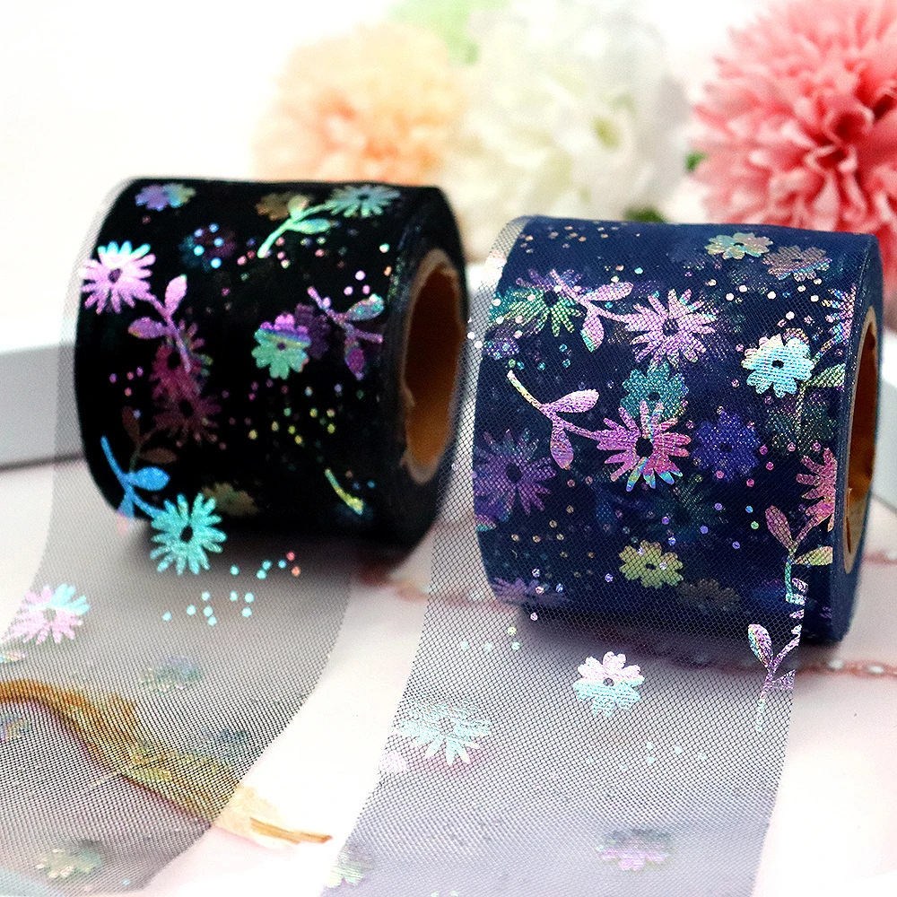 6cm 25Yards Floret Tulle Daisy Sunflower Ribbon Handmade Craft Hairbows Giftbox Wrap Filling Irirdescent Mesh Tape Tutu Supplies