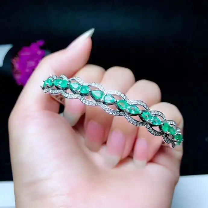 Natural And Real Emerald bangle Bracelet Solid S925 Sterling Silver For Women Color GemFine Jewelry