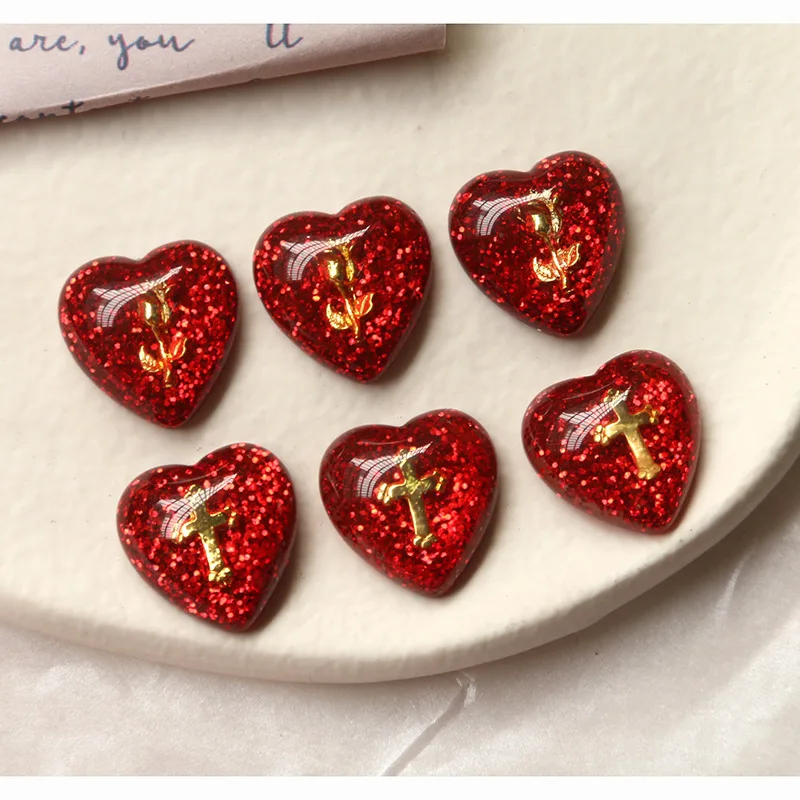 

Newest Glitter Red Color Flatback Heart Resin Cabochons Patch Sticker with Cross Rose Flower Decorated 50pcs 17mm Charms Decor