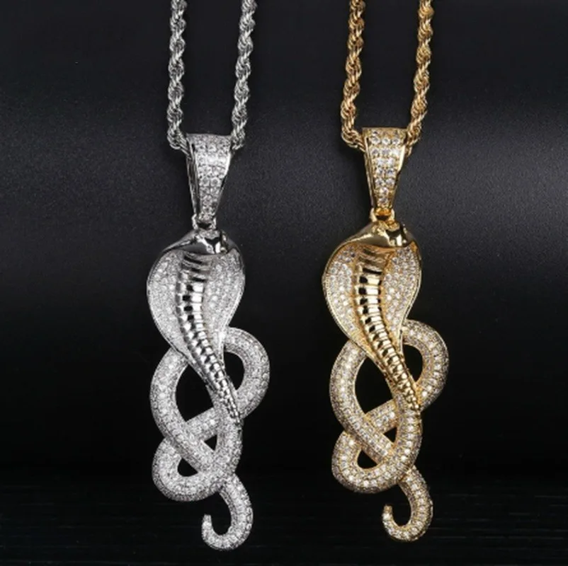 Hip Hop Micro Paved Cubic Zirconia Ice Out Glittering Cobra Snake Animal Pendant Necklace Men Rapper Punk Jewelry