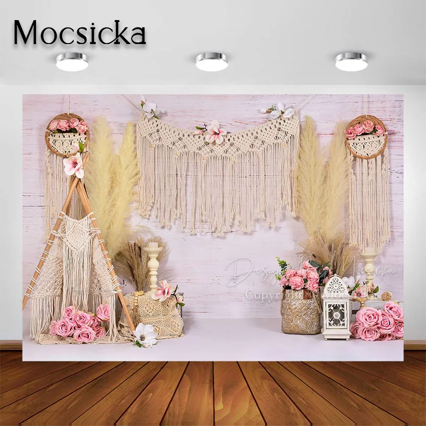 Mocsicka Boho Dreamcatcher Photography Backdrop for Girl Pampas Grass Bohemia Portraits Background Cake Smash Photo Studio Props