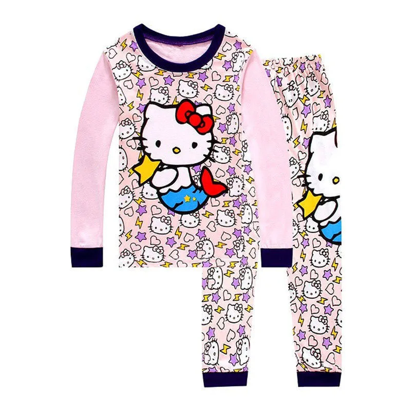 Hello Kitty Girls Spring and Autumn New Cotton Long-Sleeved Home Service Children\'s Cartoon T-shirt +Pants Pajamas Underwear Set