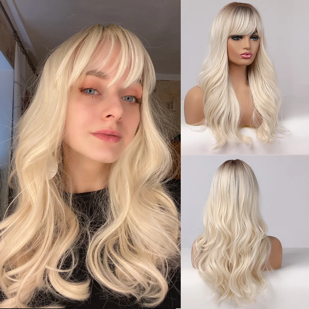 Long Wavy Ombre Brown to Light Blonde Natural Wigs With Bangs Heat Resistant Wigs for Afro Women Cosplay Synthetic Hair Wigs