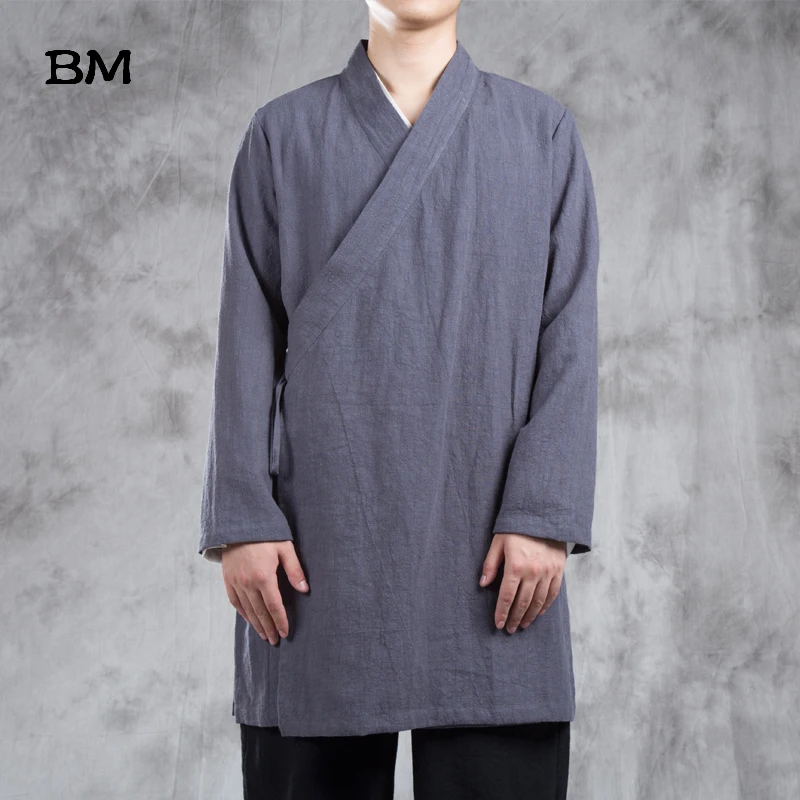 Costume Tang pour jeunes hommes, chemise chinoise améliorée, style rétro, veste en lin, longue section, robe cardigan, 2020