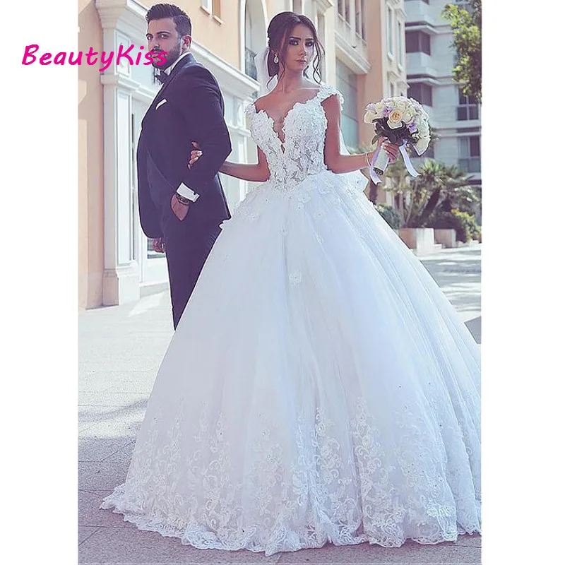 Boho Muslim Ball Gown Wedding Dresses Sweetheart Tulle Lace Beaded Dubai Saudi Arabia Wedding Bridal Dress Vestido De Noiva