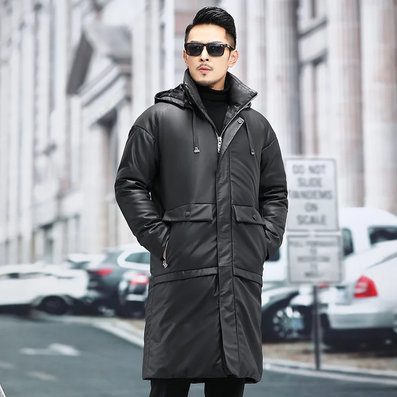 BATMO 2023 new arrival winter 90% white duck down hooded jackets men,natural real leather long coat ,Plus-size M-5XL 2111