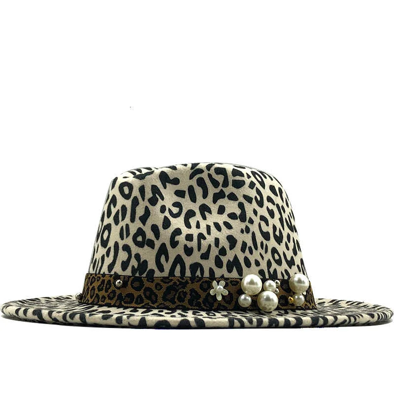 

Brim Simple Wide Leopard Wool Fedora Felt Hat For Women Leopard pearl New Warm Winter Panama Hat men Jazz Cap