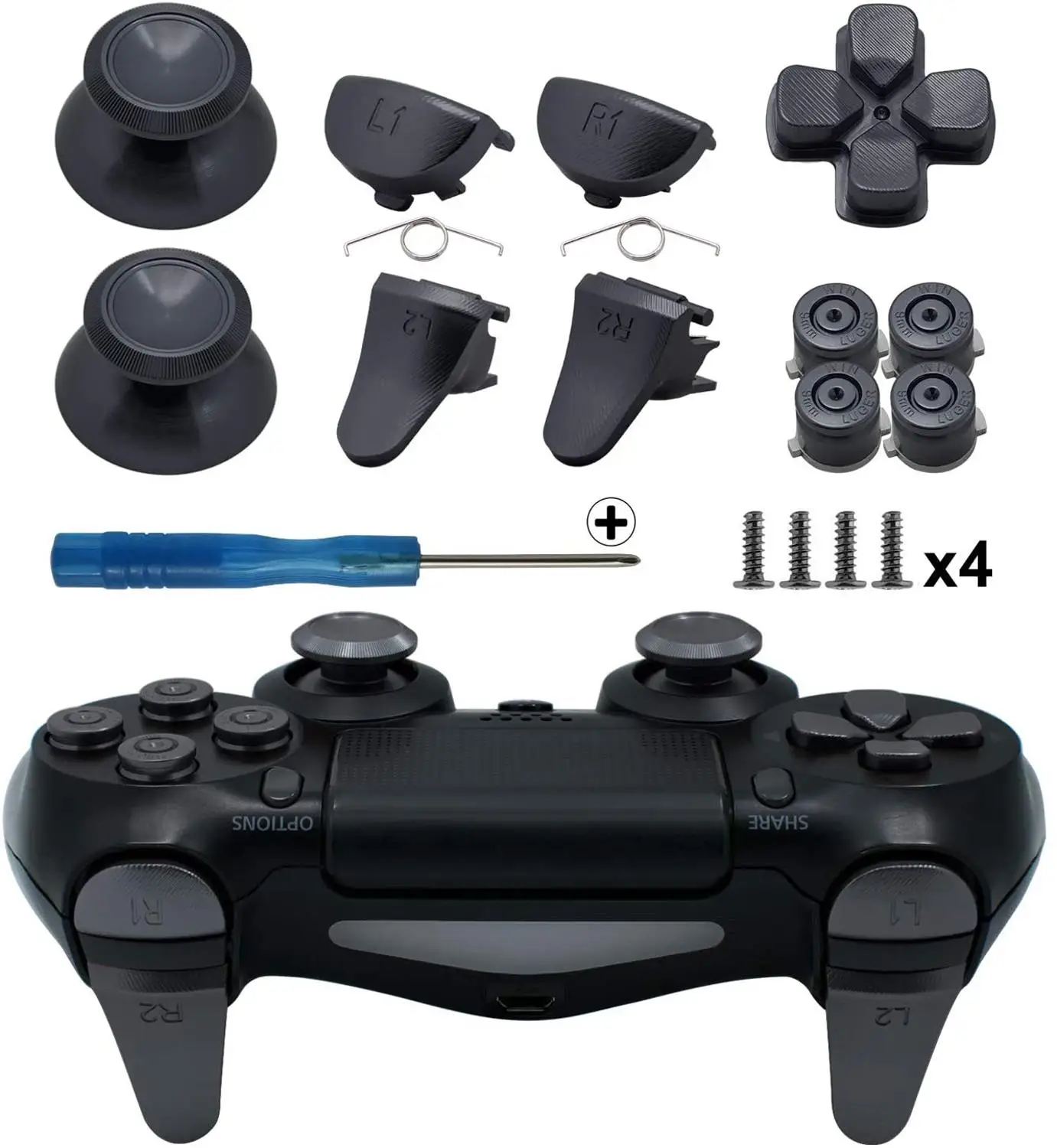 Black Aluminum Metal Thumbsticks Analog Grip & Bullet Buttons & D-pad & L1 R1 L2 R2 Trigger for PS4 Slim Pro Controller Gen 2