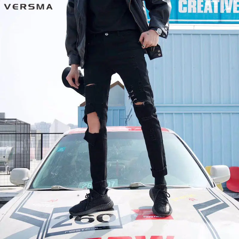 VERSMA Korean Style Rock Swag Straight Biker Denim Jeans Men Pants Hip Hop Slim Fit Pencil Pants Men Ripped Jeans Dropshipment