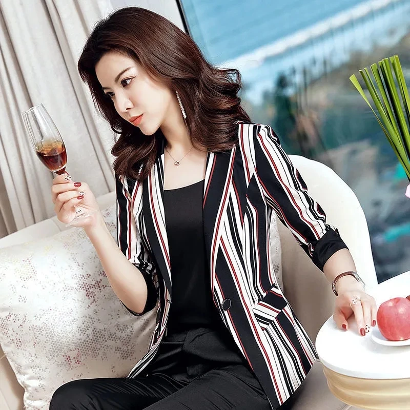 Women Blazer Thin Slim-Fit Striped Fried Street Small Suit Jacket 2022 Female Summer Fashion Was Thin Small Suit Jacket A105