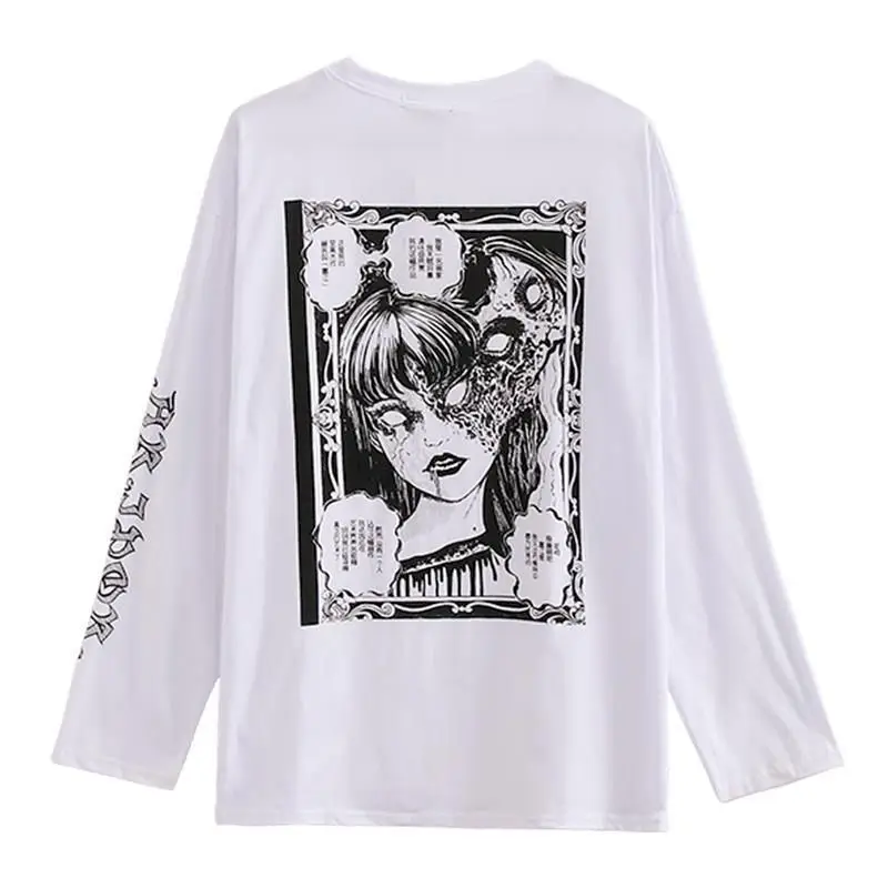 Women's Pullovers Long Sleeve White T-shirts Early Autumn Korean Anime Harajuku Funeral Dark Print Loose Casual Bottoming Top