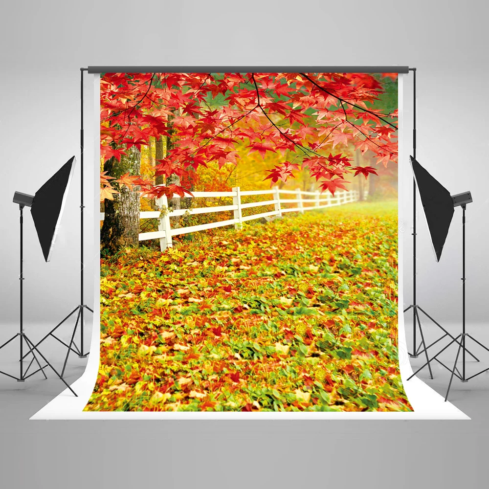 

VinylBDS 5X7FT Autumn Scenic Photography Backdrop Red Maple Leaves Bokeh Backdrop Fallen Leaves Photography Background