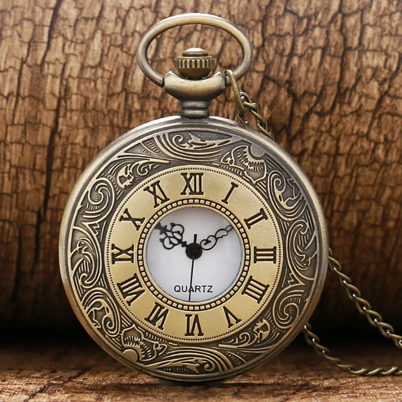 Vintage Bronze Roman Number Necklace Quartz Pocket Watch Chain Pendant Birthday Christmas Jewelry Gifts for Men Women Friends