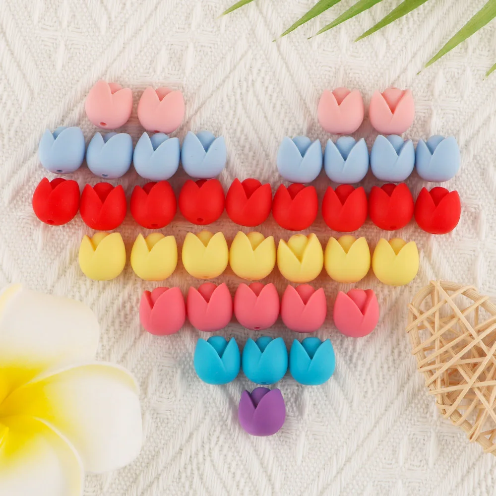 Sunrony Silicone Beads 20Pcs New Tulip Flowers For Jewelry Making DIY Pacifier Chain Necklace Accessories Chewable Nursing Toys