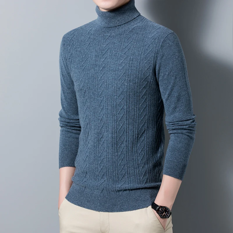 

High Quality Male 100% Pure Wool Clothes Winter & Autumn Turtleneck Cashmere Sweater Men's Casual Striped Pure Wool Jumpers