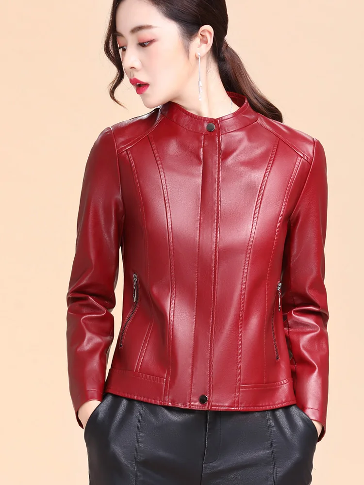 Hot 2023 Women Spring Autumn Coat Retro Round Neck Genuine Leather Jacket Ladies Fashion Casual Moto Casaco Feminino Outerwear