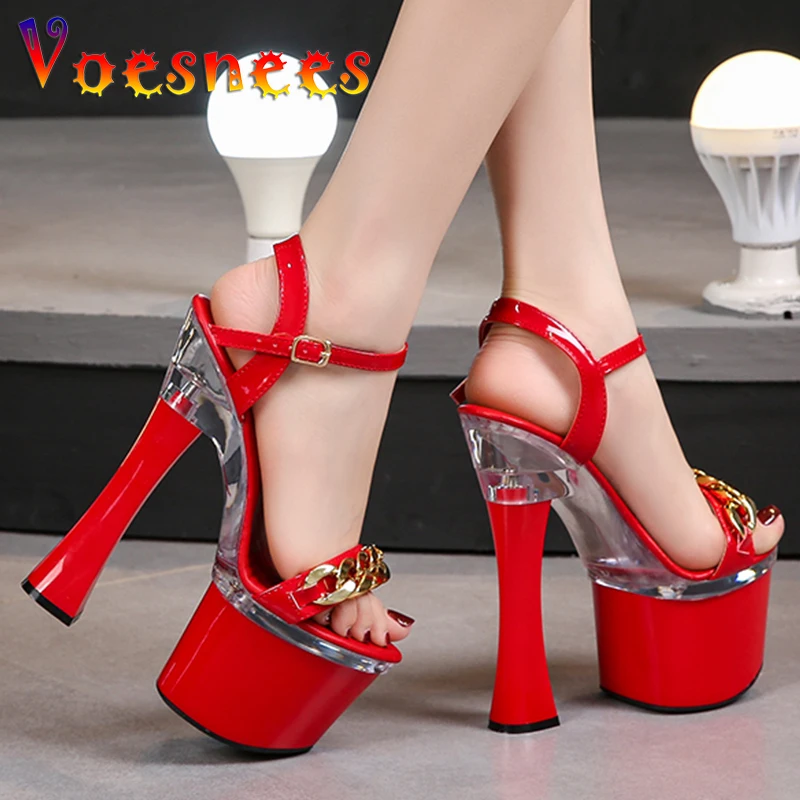 Metal Decoration Buckle Strap Women Shoes New Chunky Heel Sandals Summer Platform High Heels Nightclub Party Pole Dance Shoes