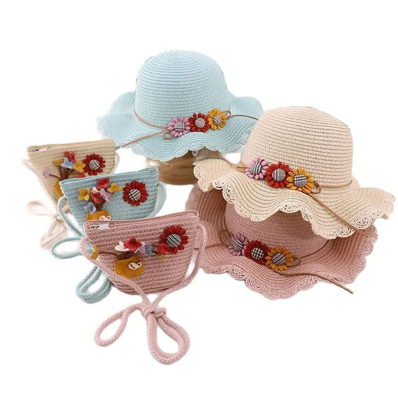 Summer child kids baby casual beach flower sun hats 2pcs a sets Straw hats+ handbags for girl hoiday party