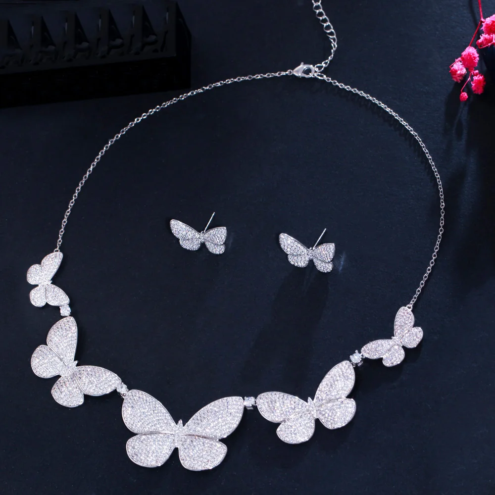 CWWZircons Micro Pave Cubic Zirconia Chic Big Butterfly Costume Necklace and Earrings Luxury Designer Jewelry Set for Women T552