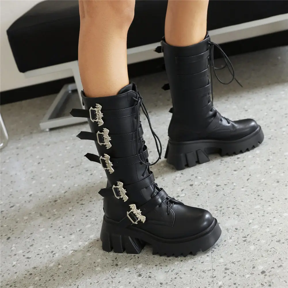 DORATASIA New Arrivals Big Size 44 women's Boots Lace Up Buckle Wedges Mid Calf Platform Women Boots Chunky Heel Punk Goth Shoes