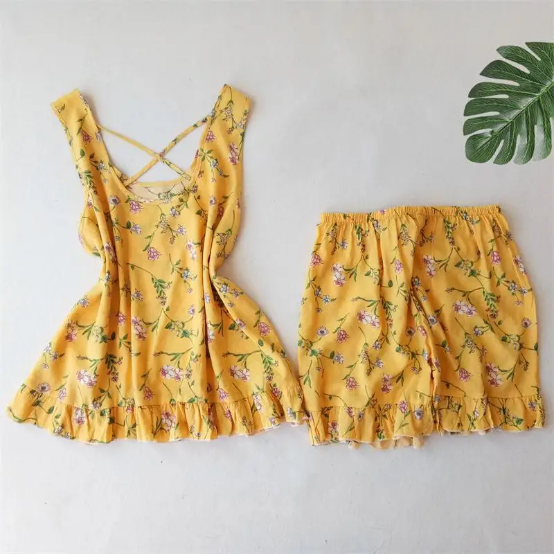 

Summer Sleeveless Top&Shorts 2PCS Sleep Suit Women Flower Print Sleepwear Yellow Cotton Nightwear Sweet Ruffles Trim Home Wear