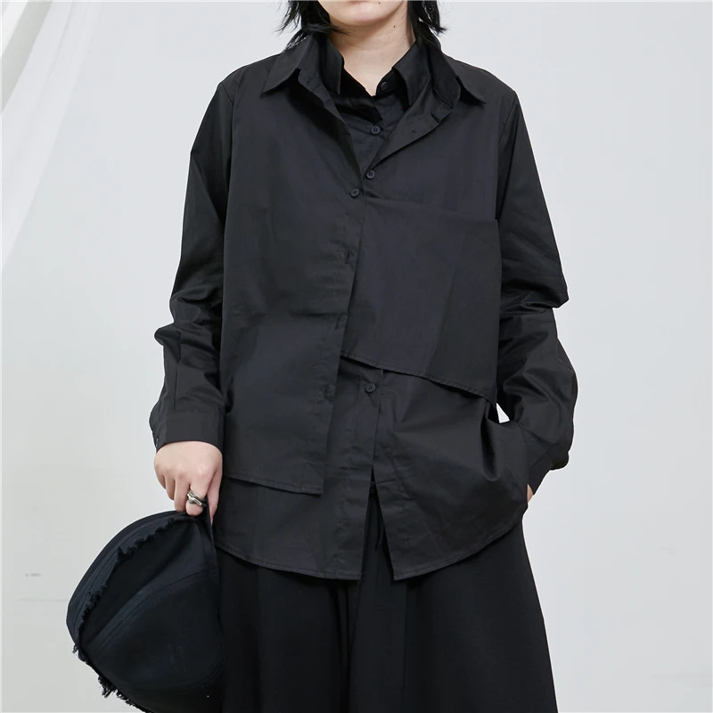 

S-7XL!!2020 Men's Spring and Summer black double collar false two long sleeve shirts