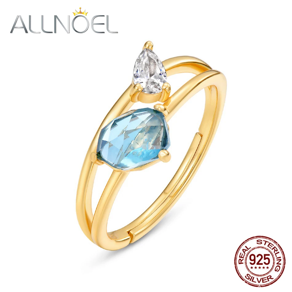 ALLNOEL 925 Silver Adjustable Ring Blue Topaz Gems Gold Couple Marriage Luxury Wedding Fine Jewelry Adjustable Designer Jewelri