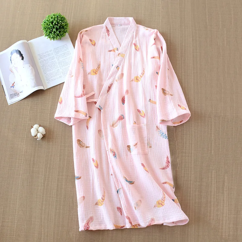 Fdfklak Women Sleepwear Nightwear Robe Pink/White Print Spring Autumn Casual Cotton Bathrobe Belt Elegant Bathroom Spa Robe