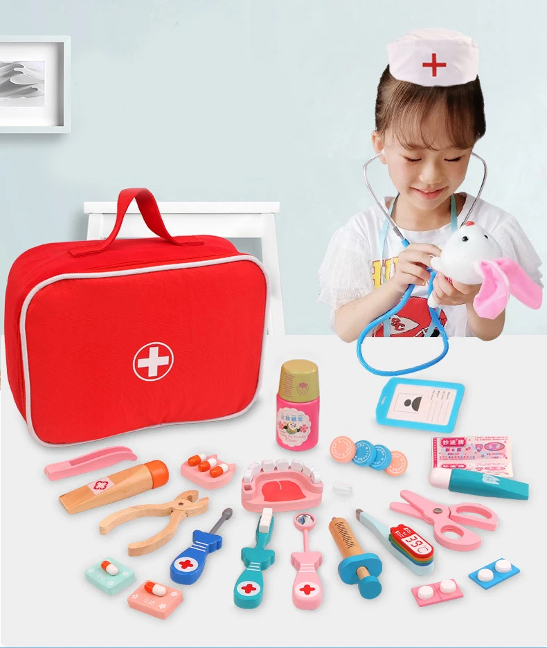 Holz Pretend Play Doctor Educationa Spielzeug für Kinder Kid Medizinische Simulation Medizin Brust Set für Kinder Interesse – Detail 1