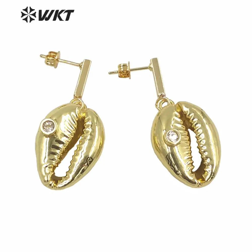 

WT-MPE048 WKT Amazing Gorgeous Natural Full Gold Dipped Cowrie Shell Earrings Fashion Lady Charming Dangle Conch Jewelry Finding