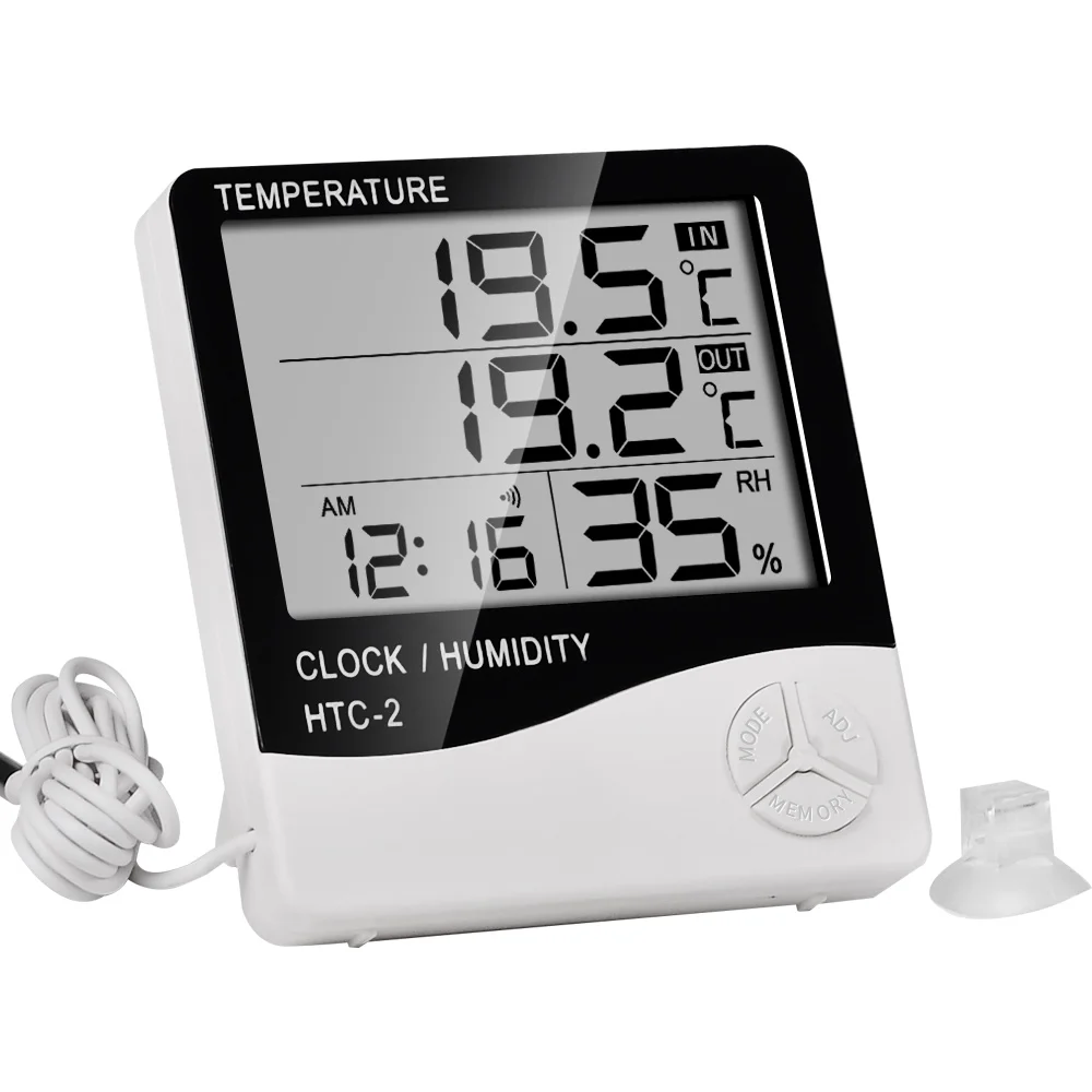 HTC-2 Indoor Room Digital Thermometer Hygrometer Electronic Humidity Temperature Meter Clock with External Outdoor Probe Sensor