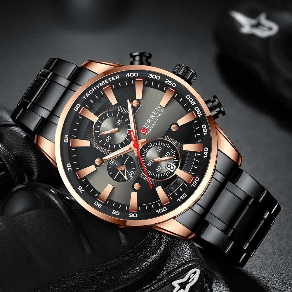 CURREN Orologi da uomo Cronografo sportivo di lusso da polso per uomo Orologio da polso al quarzo con cinturino in acciaio inossidabile Lancette