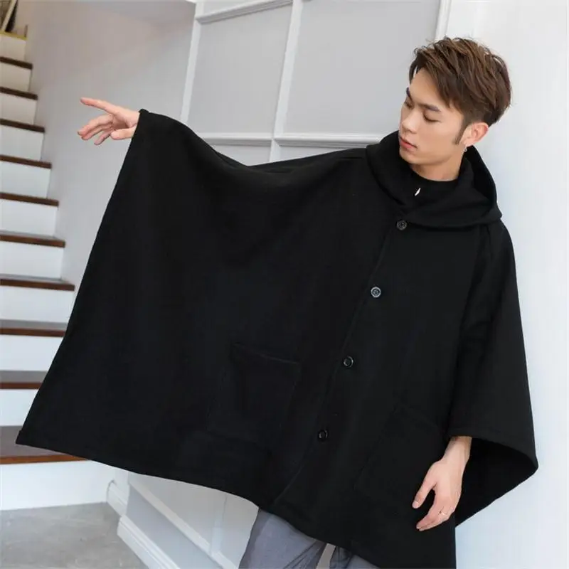 Men's coat new autumn/winter trend men's medium length woolen coat coat for men web celebrity hooded bat cape cape cape