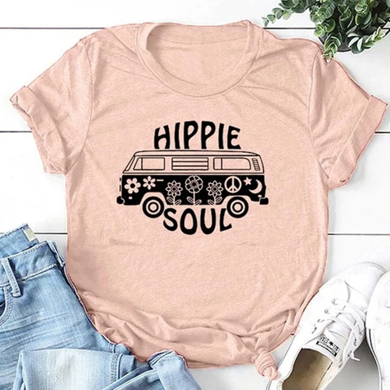Hippie Soul T-shirt Funny Summer Short Sleeve Hipster Camping Tshirt Women Crewneck Graphic Grunge Cotton Tee Top Drop Shipping
