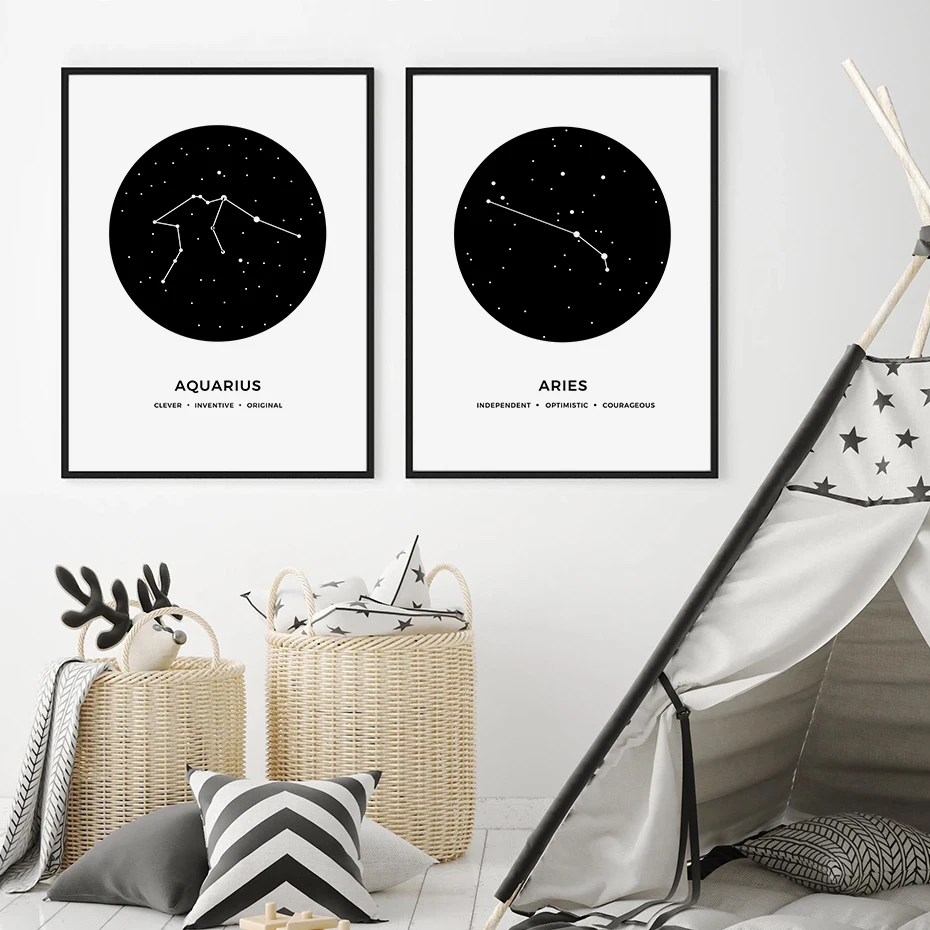 Constellation Celestial Zodiac Sign Nursery Decor Canvas Painting Black White Wall Art Poster Print Picture Kids Room Home Decor