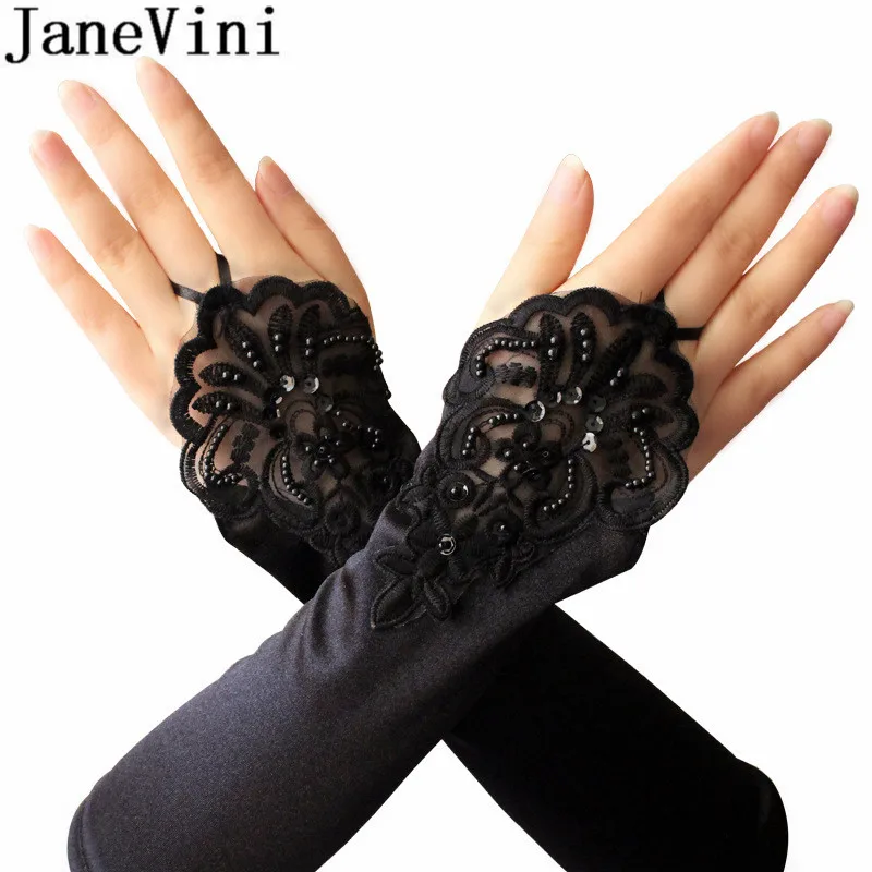 JaneVini 33.5cm Lange Bridal Handschoenen Kant Satijnen Kralen Vingerloze Zwart Bruiloft Handschoenen Pailletten Bruid Party Handschoenen guantes encaje