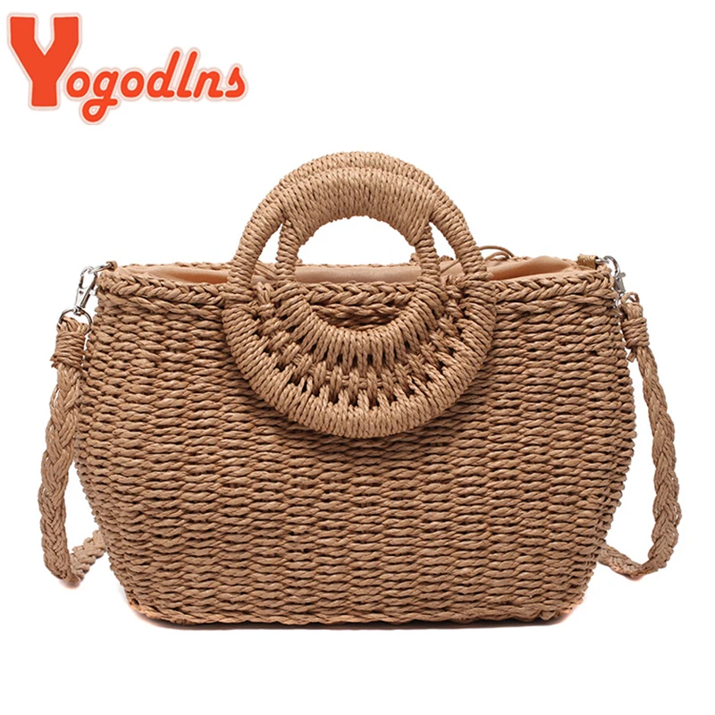 Borsa da spiaggia in paglia da donna estiva borsa a tracolla fatta a mano borsa in Rattan con cerchio in rafia borse a cesto tessute Casual bohémien